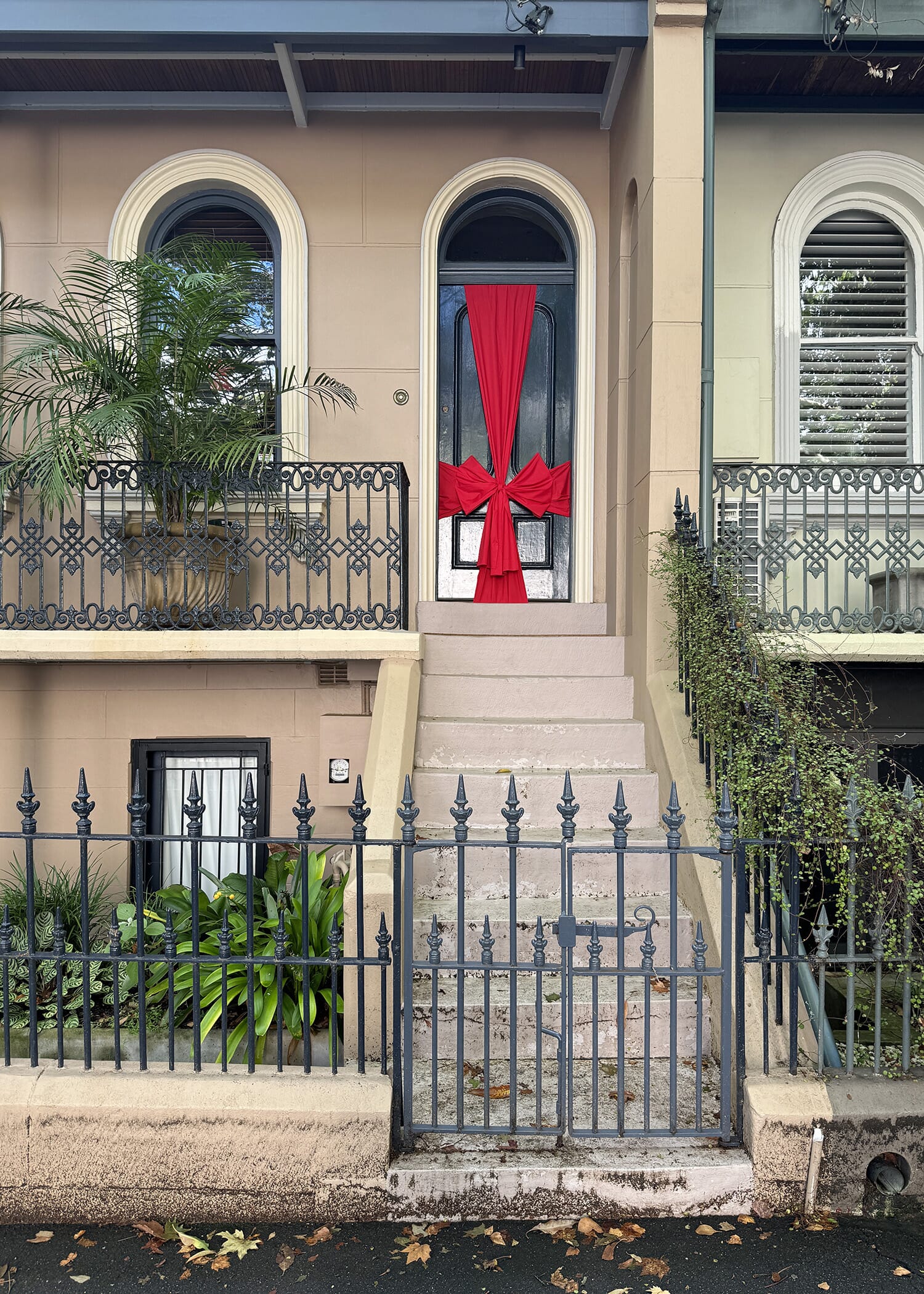 Pictured: A big red bow on a door at Bourke Street Surry Hills