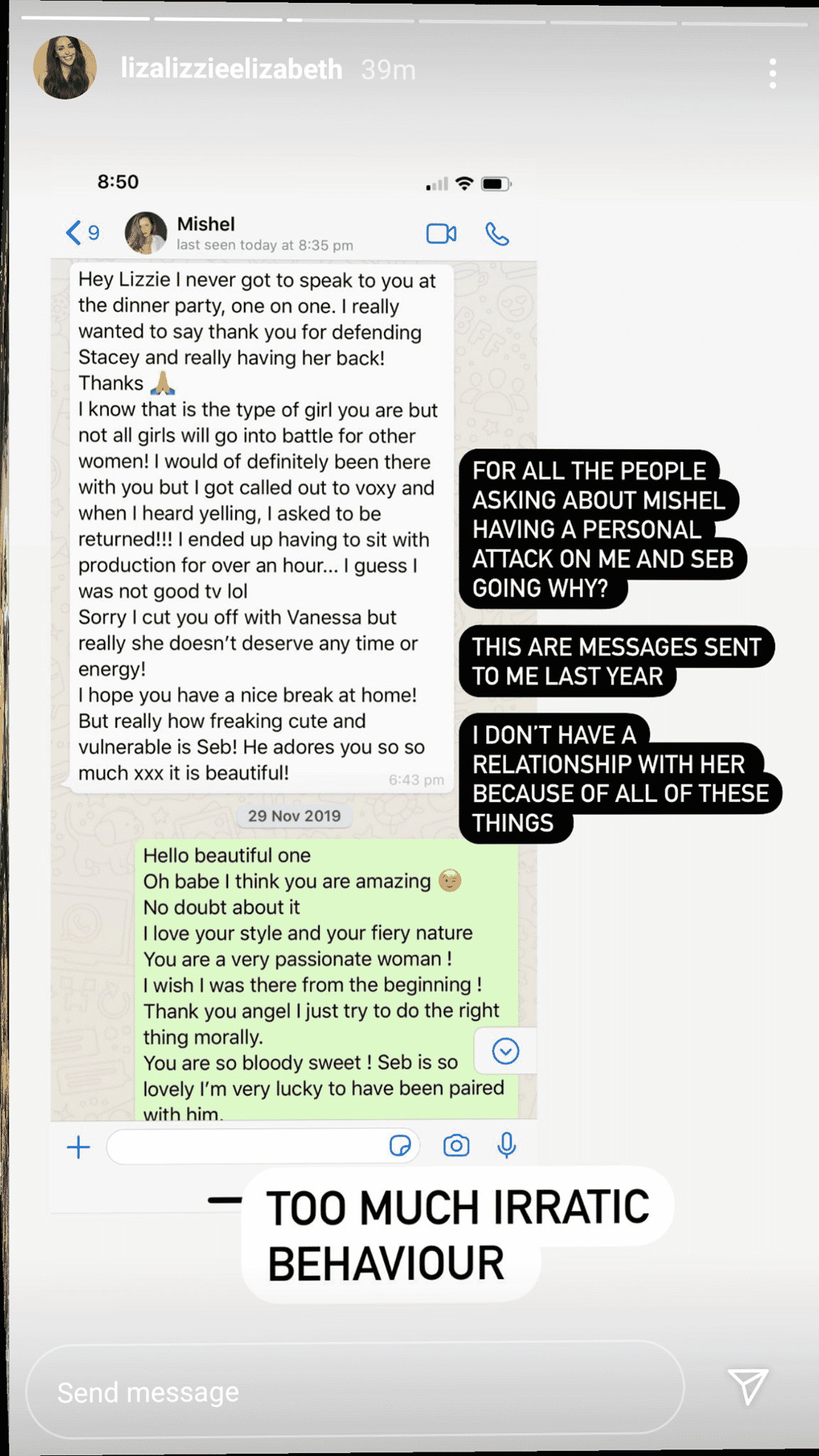 Liz denied this, and shared this text Mishel sent her in November, where she complimented Seb