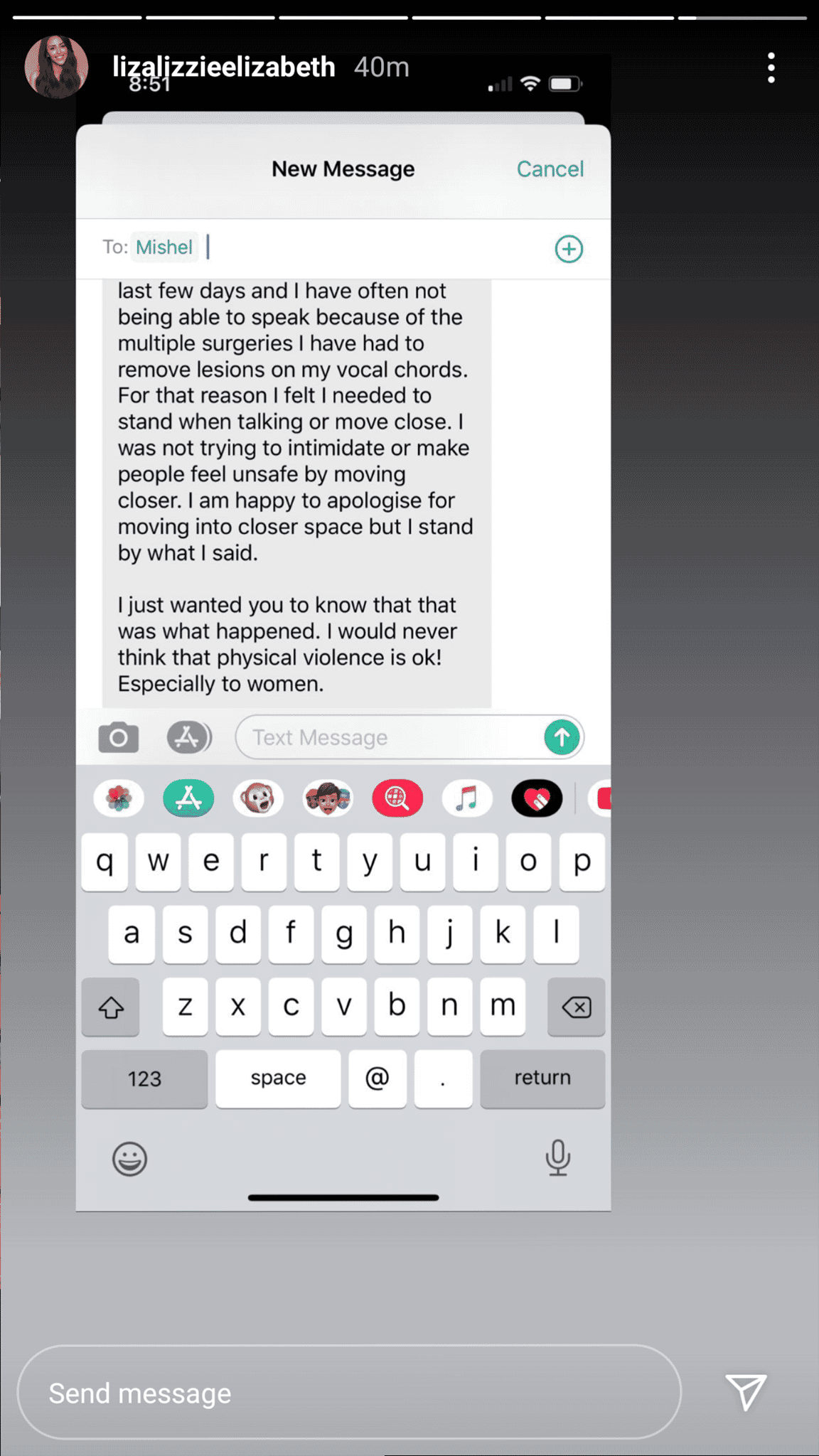 The girls fell out in January while filming the reunion episode, with Mishel texting Liz days later to apologise if she came across as 'aggressive'