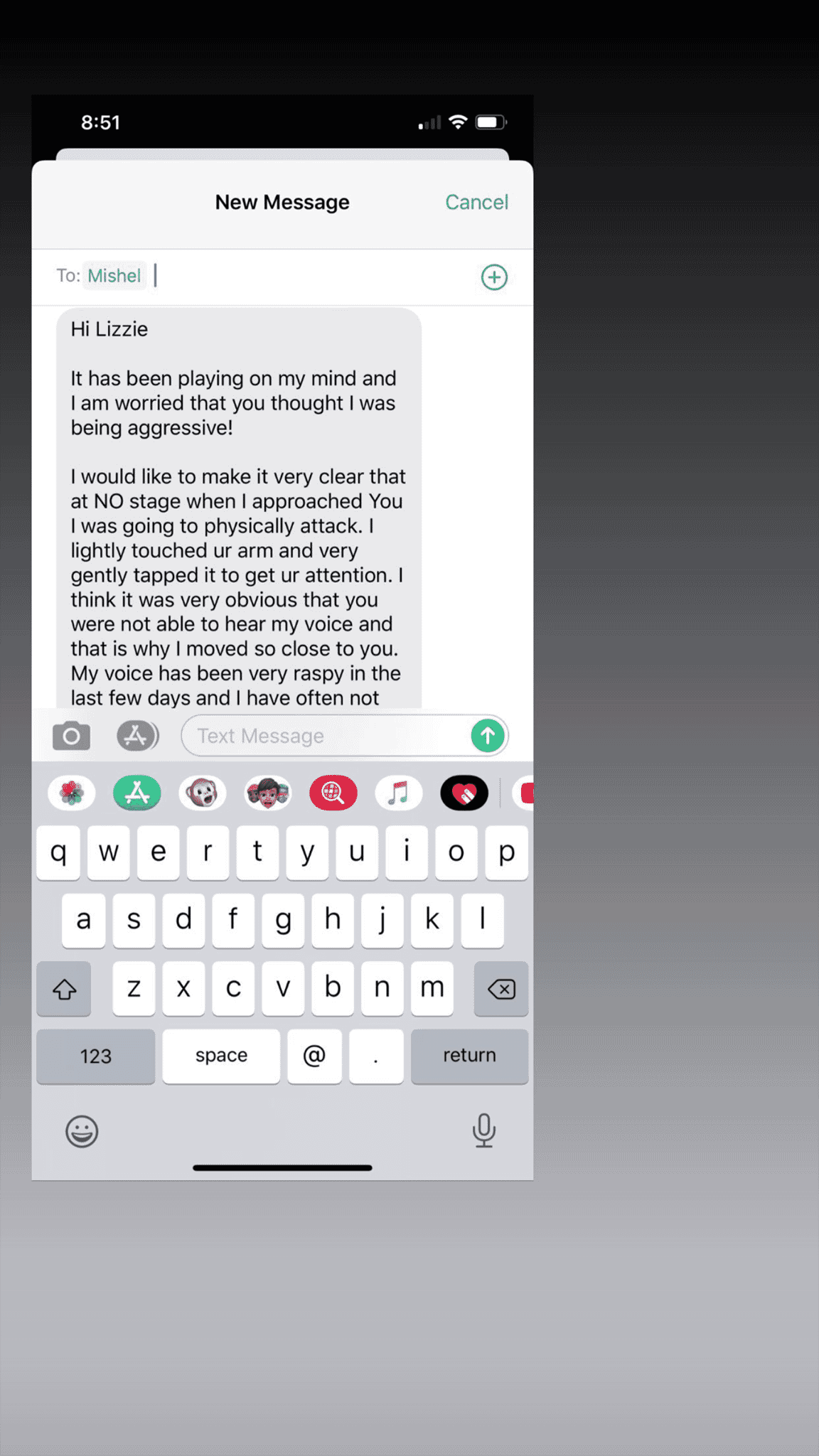 We're unsure what happened in the nine months since Mishel sent this text
